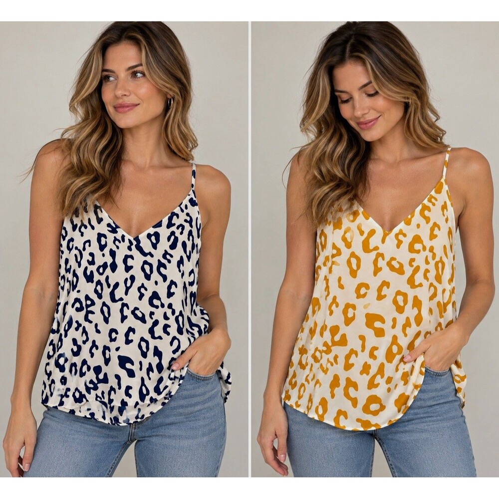 Tyche Women M Ivory Orange Navy Leopard Print Camisole Tank Top Set of 2